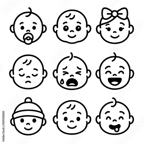 Baby Face Icons. Line style icons of baby and toddler faces: pacifier in mouth, chubby cheeks icon, big eyes smiling, baby with