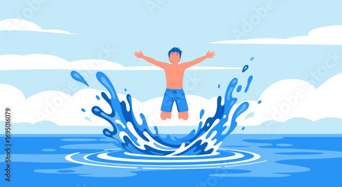 Illustration of a person jumping into the water with arms outstretched for fun