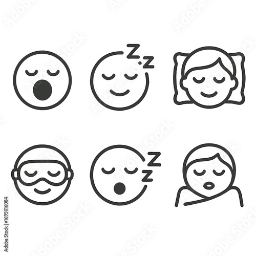 Sleepy Face Icons. Line style icons of sleep and rest faces: yawning face icon, sleeping with Zzz, eyes closed gently, pillow