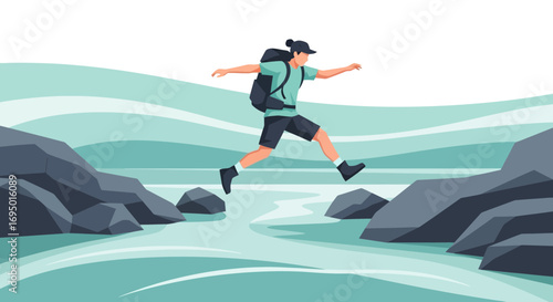 Illustration of a person jumping over rocks embodying adventure and outdoor activity