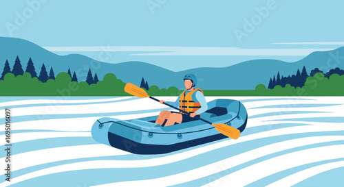 Illustration of a Person Kayaking in a Lake or River, Outdoors Adventure Concept