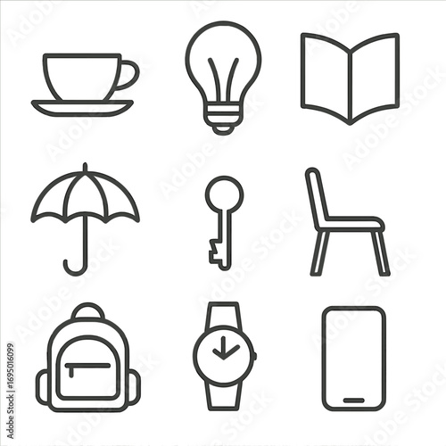 Iconic Line Art. Line style icons of simplified object outlines: cup and saucer, lightbulb icon, book open outline, umbrella