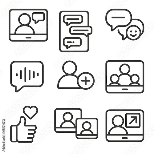 Digital Communication Icons. Line style icons of online social interaction: video call with bubbles, chat screen layout, message