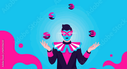 Abstract illustration of a masked figure juggling glitching spheres with blue and pink tones