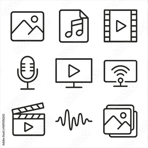 Multimedia Icons Collection. Line style icons of multimedia content types: photo icon, music note over file, video frame icon,