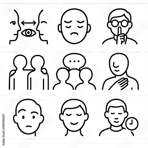 Silent Communication Icons. Line style icons of silent communication: eye contact connection, facial expression only, gesture with