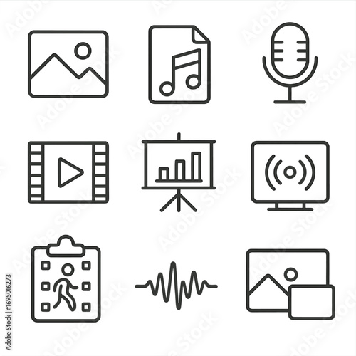 Multimedia Icons Collection. Line style icons of multimedia content types: photo icon, music note over file, video frame icon,