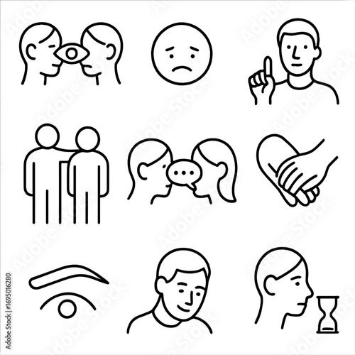 Silent Communication Icons. Line style icons of silent communication: eye contact connection, facial expression only, gesture with