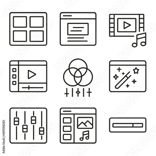 Multimedia Workflow Icons. Line style icons of multimedia creative workflows: storyboard frame layout, draft preview icon, audio +