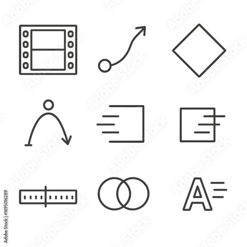 Animation Icons Set. Line style icons of animation and motion graphics: frame-by-frame strip, motion path icon, keyframe diamond,