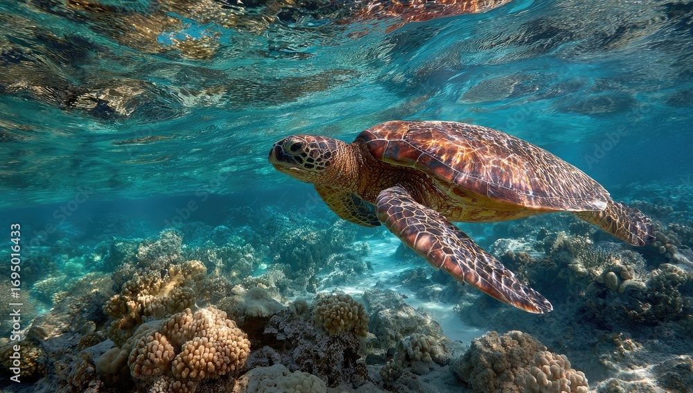 Naklejka premium Underwater shot of a sea turtle swimming over a coral reef. Clear water allows for excellent visibility of the turtle and reef