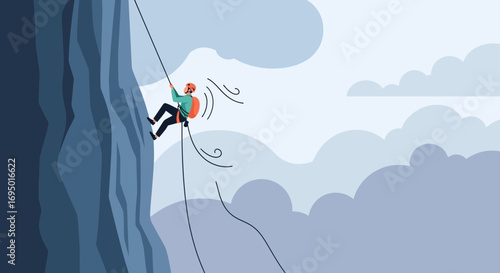 Illustration of a person rappelling down a mountain cliff with clouds in the background