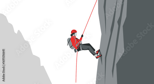 Illustration of a person rappelling down a rock face with safety equipment