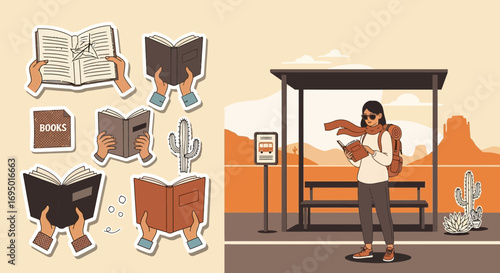 Adventurous woman reading book at bus stop with desert background and book sticker set