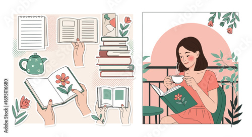 Aesthetic reading ambiance with cozy book illustration elements and peaceful woman reading