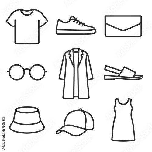 Minimalist Fashion Icons. Line style icons of minimalist fashion elements: plain t-shirt icon, low-top sneakers, smooth clutch bag