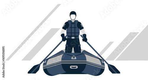 Illustration Of A Person Rowing In A Raft With Simple Graphic Elements Above