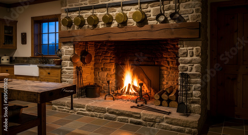 Cozy Kitchen Interior Design Featuring a Fireplace and Antique Cooking Implements