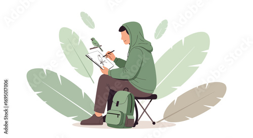 Illustration of a person sketching a bird in a natural environment with creative design
