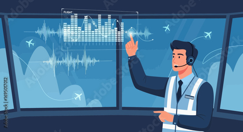Air traffic controller analyzing flight data on digital display with airplanes view and airport