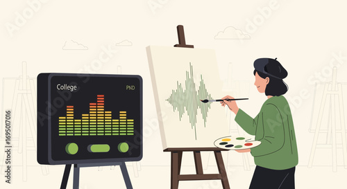 An artist converting audio waveforms into visual art in a creative studio environment illustration