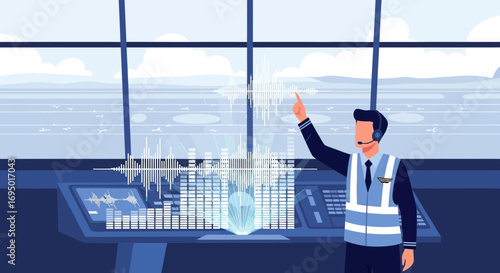 Air traffic controller managing aircraft movement with advanced technology system