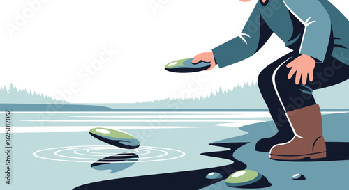 Illustration of a Person Skipping Stones on a Lake During a Sunny Day