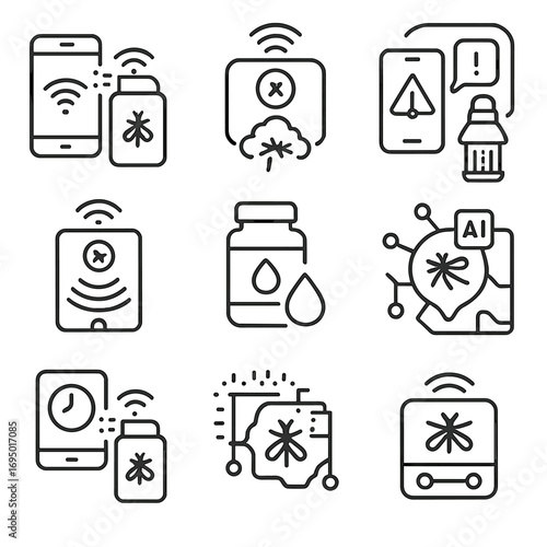 Smart Mosquito Prevention Icons. Line style icons of smart mosquito prevention tech: app-controlled spray device, smart fogger