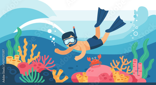 Illustration of a person snorkeling in the ocean with coral, a crab, and sea plants