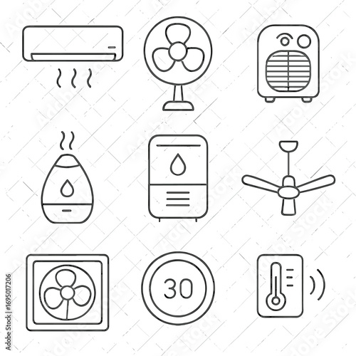 Climate Device Icons. Line style icons of climate and air devices: air conditioner, wall-mounted fan, portable heater, air