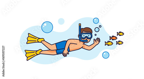 Illustration of a person snorkeling with fish, bubbles, water and fins in the sea
