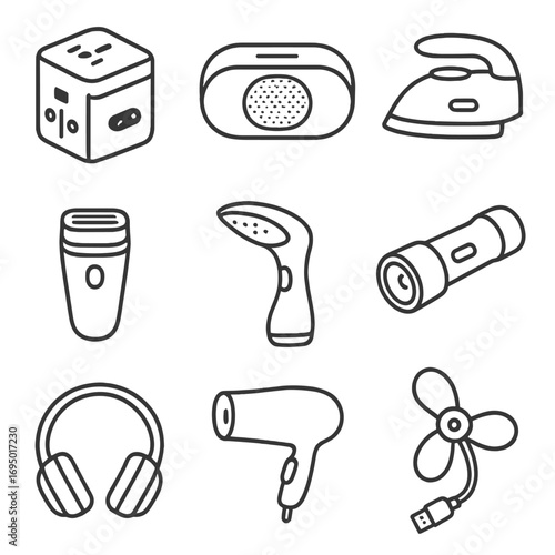 Compact Travel Electronics Icons. Line style icons of compact travel electronics: universal adapter, portable Bluetooth speaker,