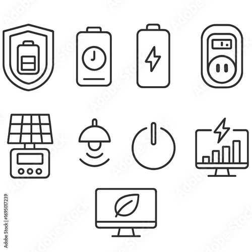 Energy Saving Icons. Line style icons of battery and energy-saving tech: energy-efficient appliance badge, low power mode icon,