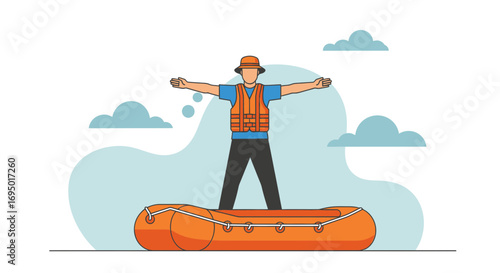 Illustration of a person standing on a raft with arms outstretched in a safety gesture
