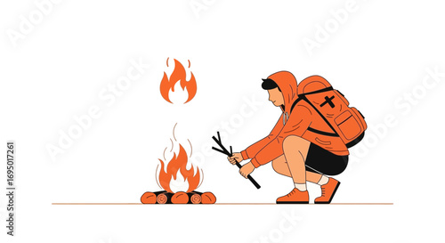 Illustration of a person starting a campfire in the wilderness with a backpack