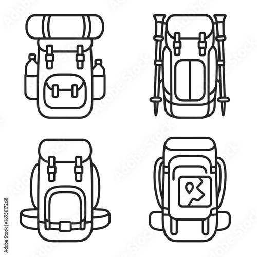 Hiking Backpack Icons. Line style icons of hiking and trekking backpacks: large hiking backpack, rolled-up sleeping bag attached,