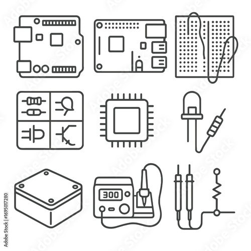 Electronic Hobby Tool Icons. Line style icons of electronic hobby tools and kits: Arduino board icon, Raspberry Pi unit,