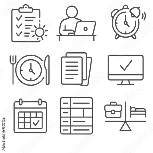Iconic Daily Routine. Line style icons of structured daily routines: morning checklist, focused work block icon, break timer alert
