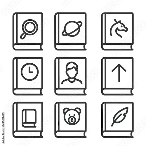 Book Genre Icons. Line style icons of book genres and categories: mystery book with magnifying glass, sci-fi book with planet,
