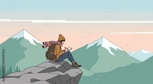 Illustration of a person taking notes in the mountains with snowy peaks behind them