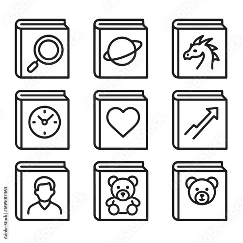 Book Genre Icons. Line style icons of book genres and categories: mystery book with magnifying glass, sci-fi book with planet,