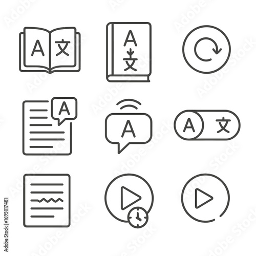 Language Learning Icons. Line style icons of language learning through reading: dual language page icon, translated book symbol,