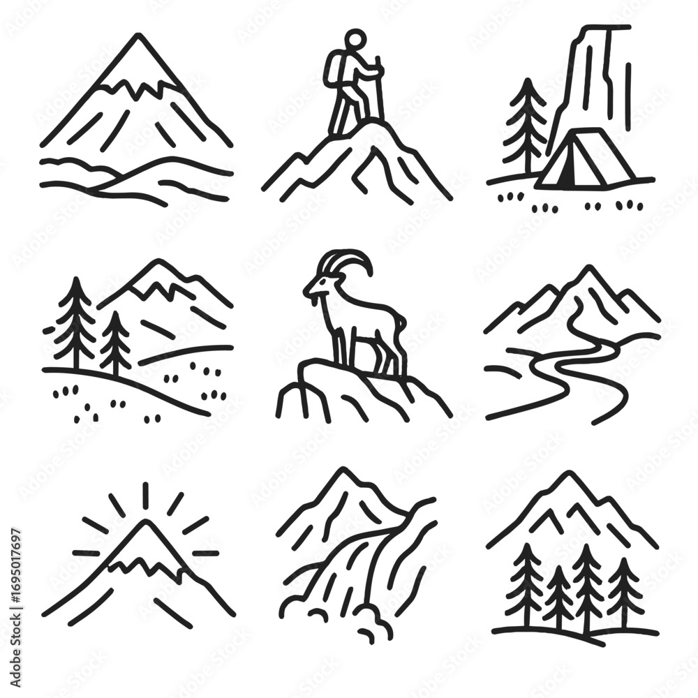 Fototapeta premium Mountain Adventure Icons. Line style icons of mountain and alpine scenery: snow-capped mountain, hiker on summit, tent at base of