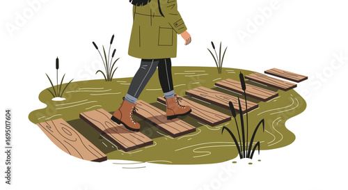 Illustration of a person walking across a wooden plank bridge above the water