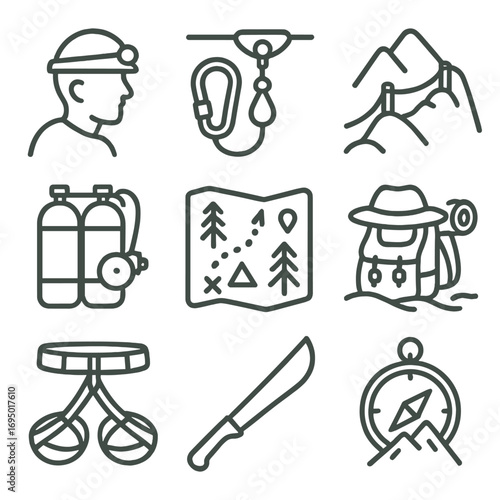 Adventure Icon Set. Line style icons of adventure and exploration travel: cave exploration icon, zip line gear, mountain path with