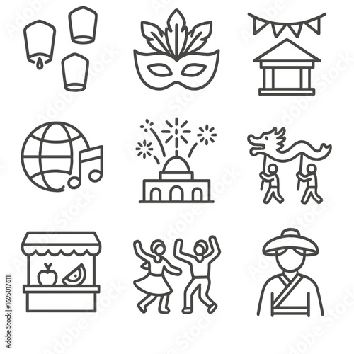 Festival Icons Collection. Line style icons of global festivals and celebrations: lantern release icon, carnival mask with
