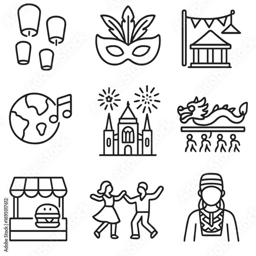 Festival Icons Collection. Line style icons of global festivals and celebrations: lantern release icon, carnival mask with