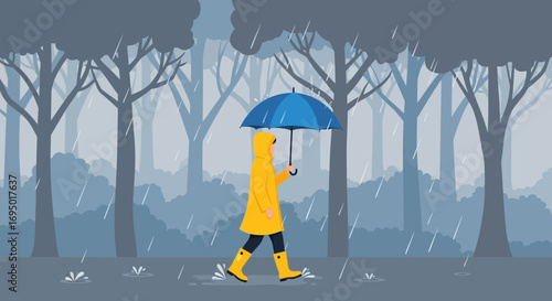 Illustration of a person walking in the rain with an umbrella and a raincoat in the forest