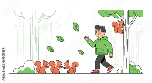 Illustration of a person walking in the forest next to squirrels and trees with nature