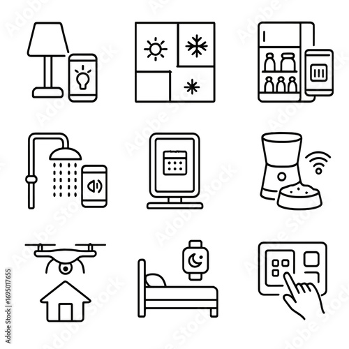 Futuristic Home Automation Icons. Line style icons of future home automation: mood lighting control, climate zones by room, fridge